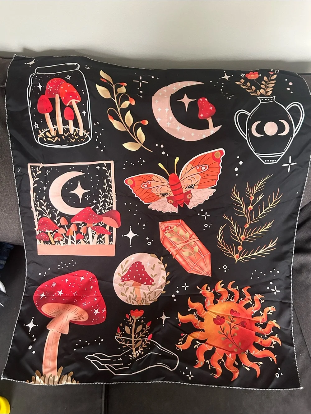 Mystical Mushroom & Celestial Tapestry — Black with Red and Cream Accents